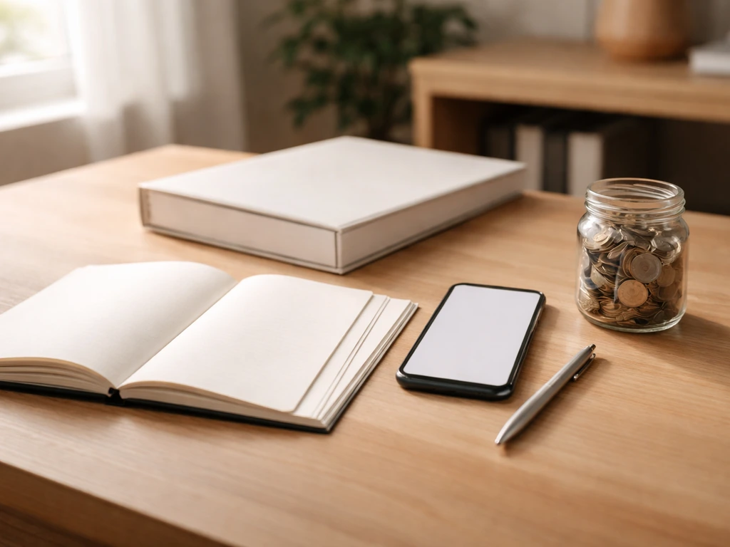Minimal desk scene with neatly stacked documents and a smartphone showing asset-related note blocks without text.