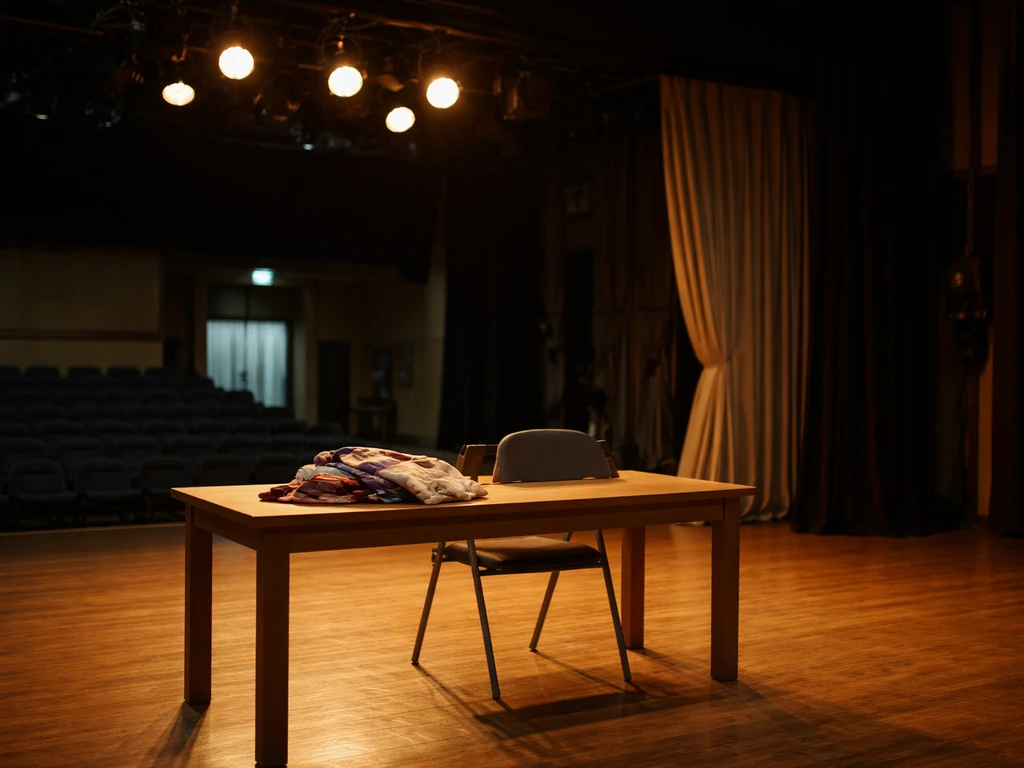 Empty theater stage with warm lights and a wooden prop table, symbolizing steady entertainment income