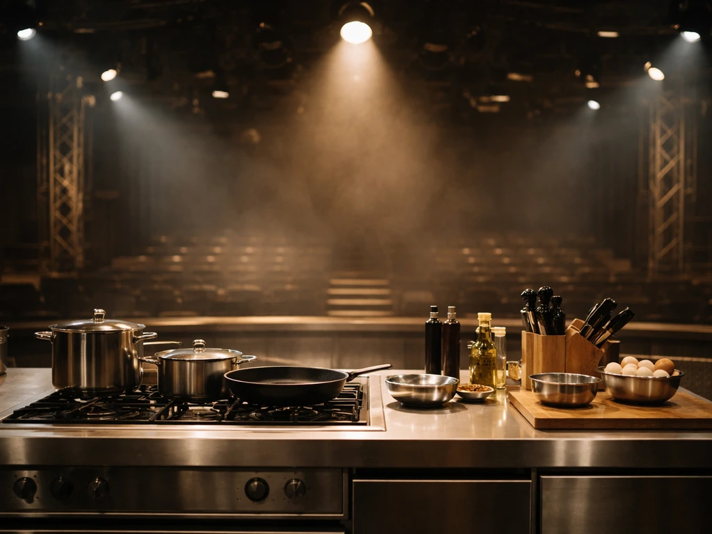 Empty Japanese TV studio set with warm lights and a chef’s station, evoking Iron Chef TV era.