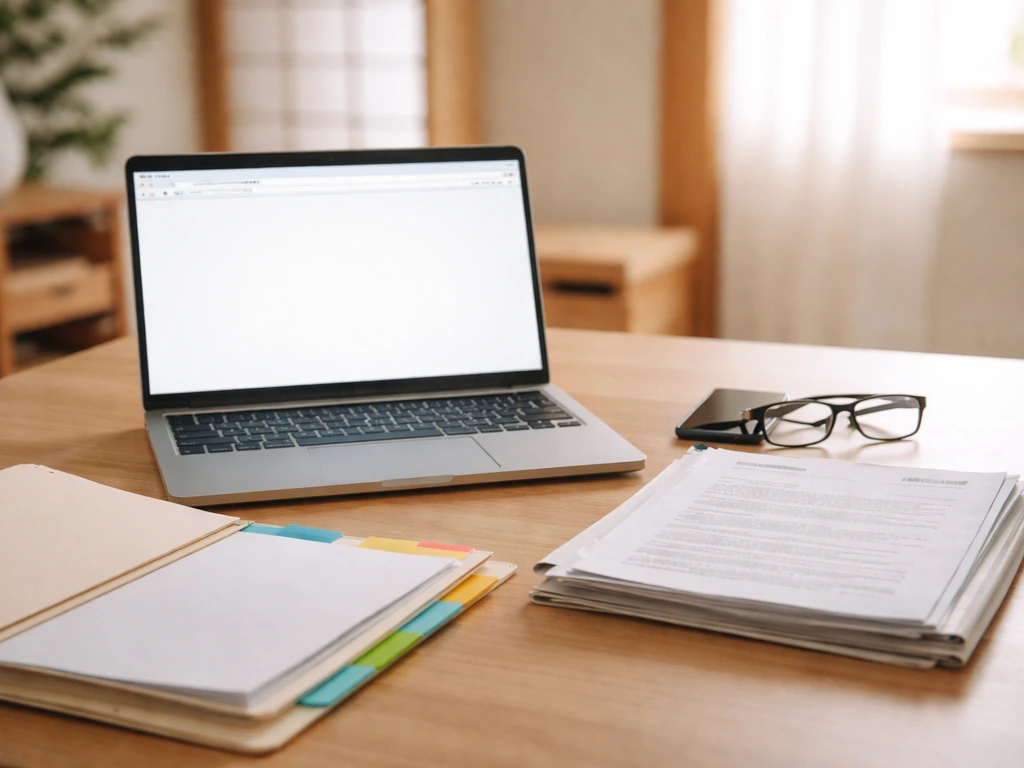 Minimal desk scene with documents, laptop glow, and phone for verifying and updating an estimate yourself.