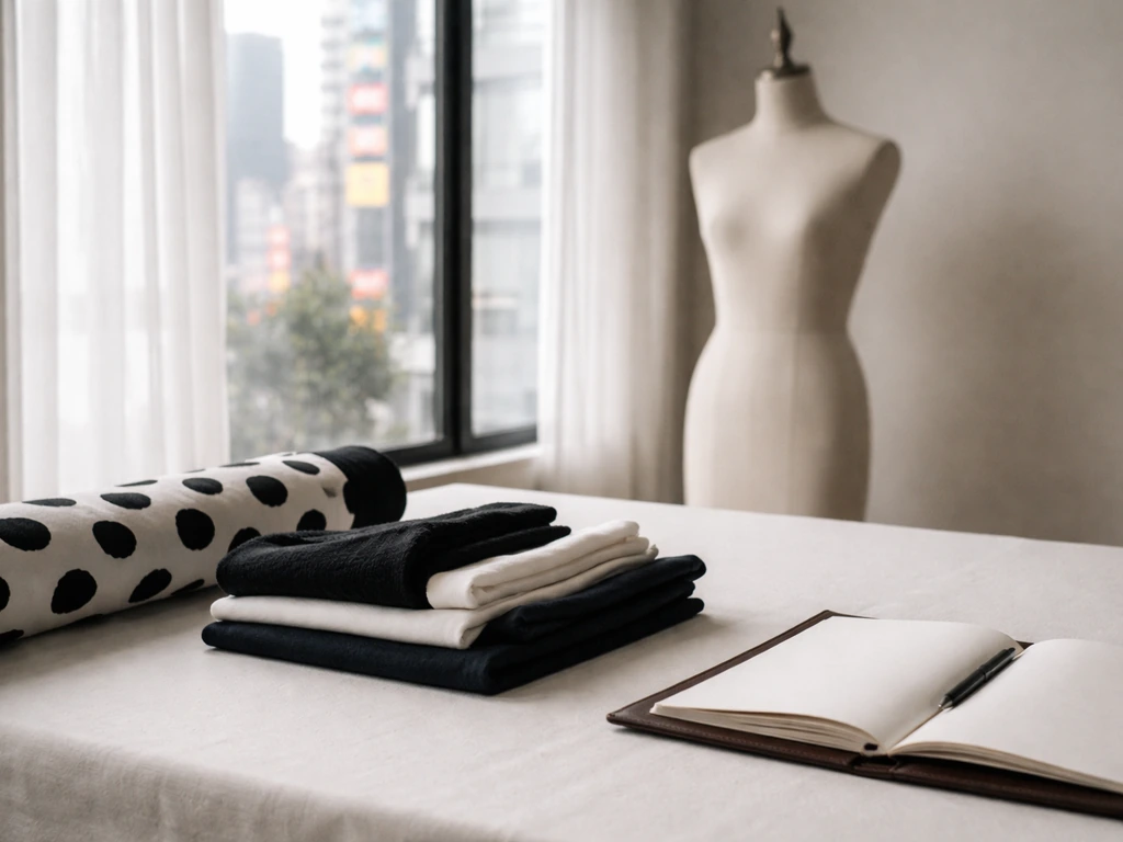 Minimal fashion atelier scene with monochrome fabric, dress form, and sunlit window.