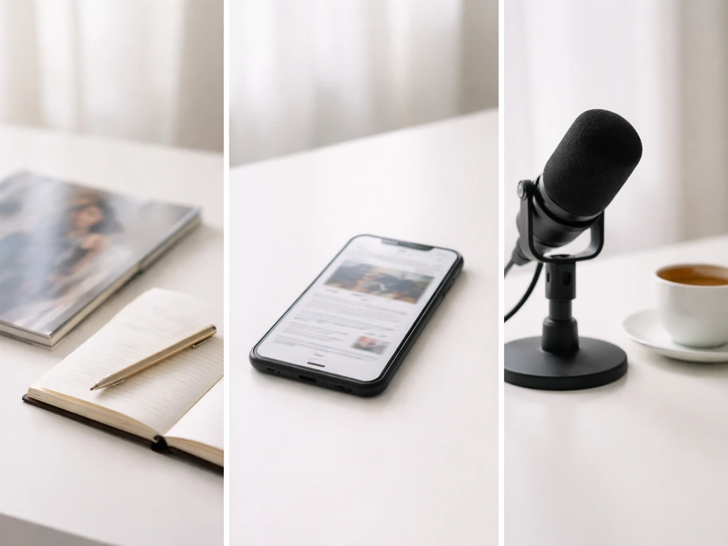 Minimal desk scene with magazine, blurred smartphone news, and podcast mic suggesting reported wealth sources.