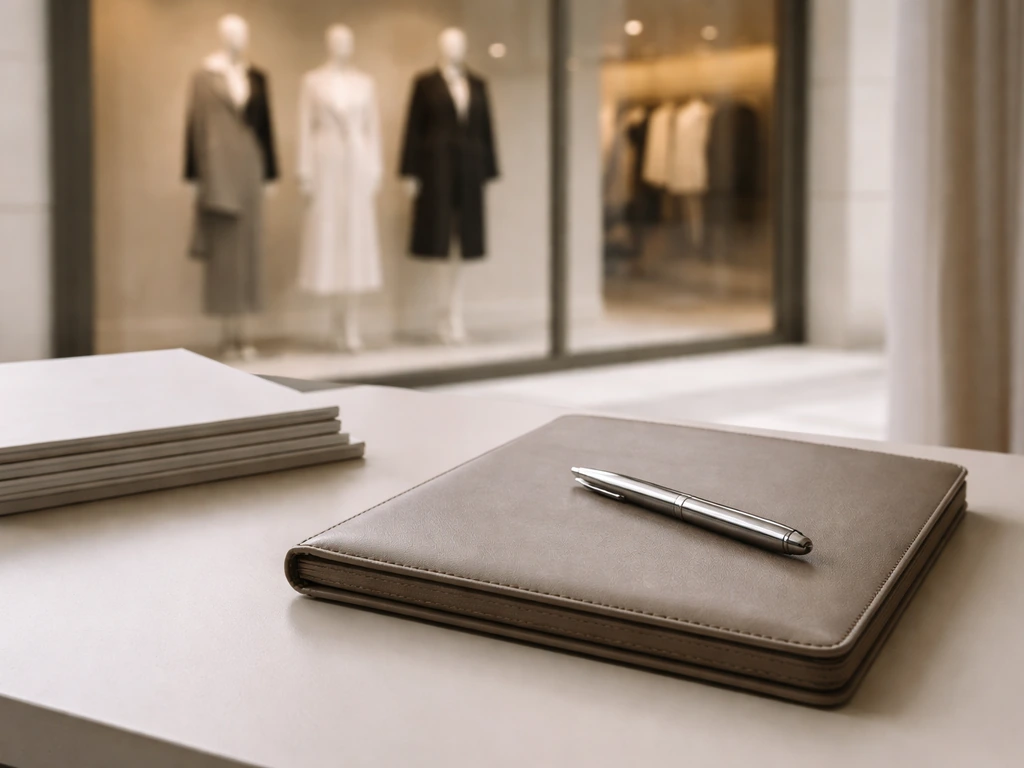 Minimal office desk with leather portfolio and plain fashion magazines, softly blurred modern storefront behind