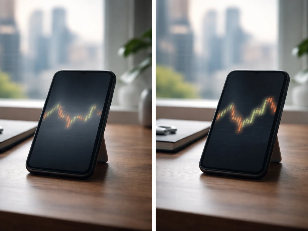 Split desk photo with a blurred phone showing steady vs rapidly changing Bitcoin-style price movement.