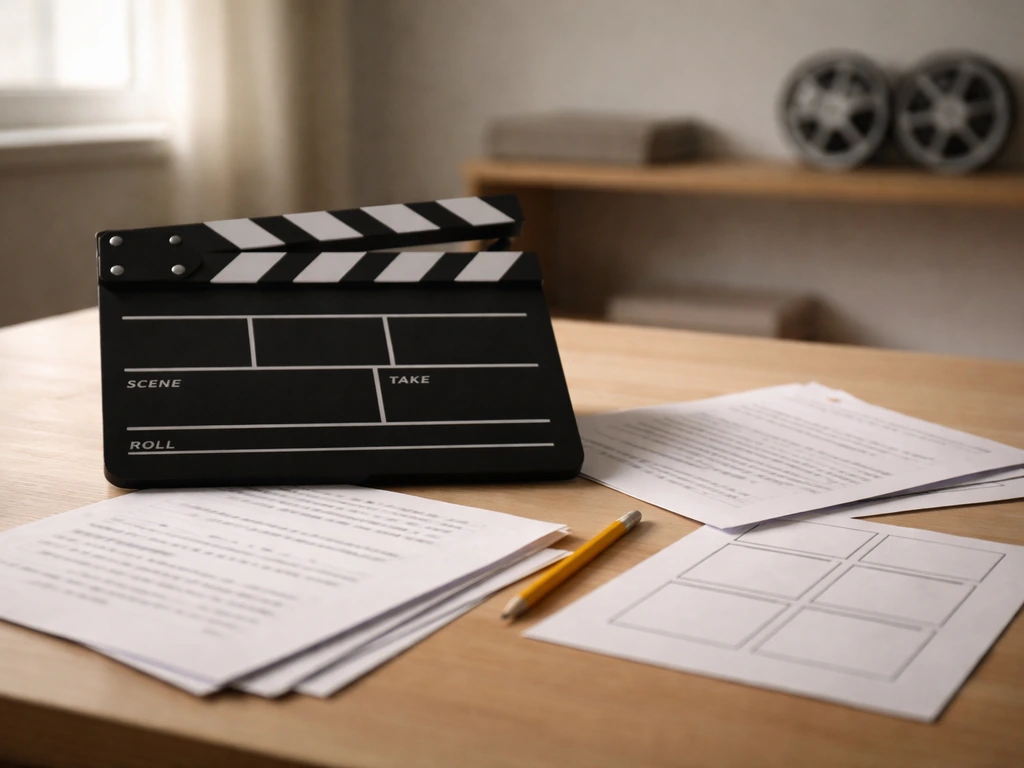 Minimal studio desk with script pages and a clapperboard, suggesting film directing and writing fees.