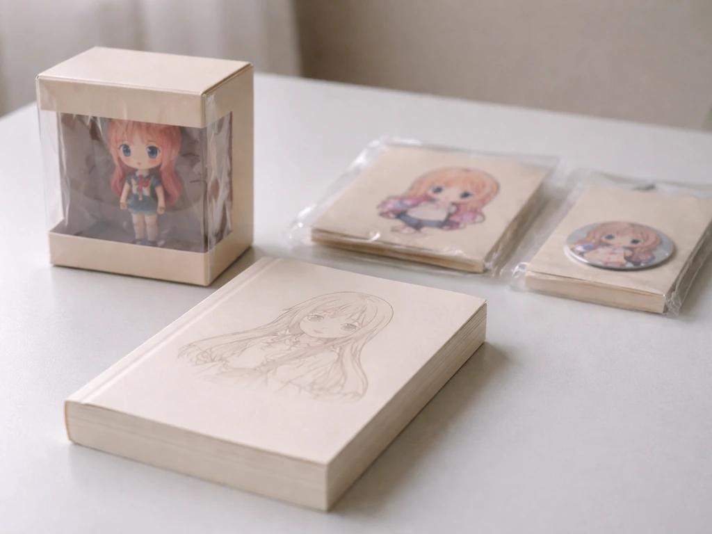 Close-up of anime-themed merchandise boxes and a paperback novel on a clean desk