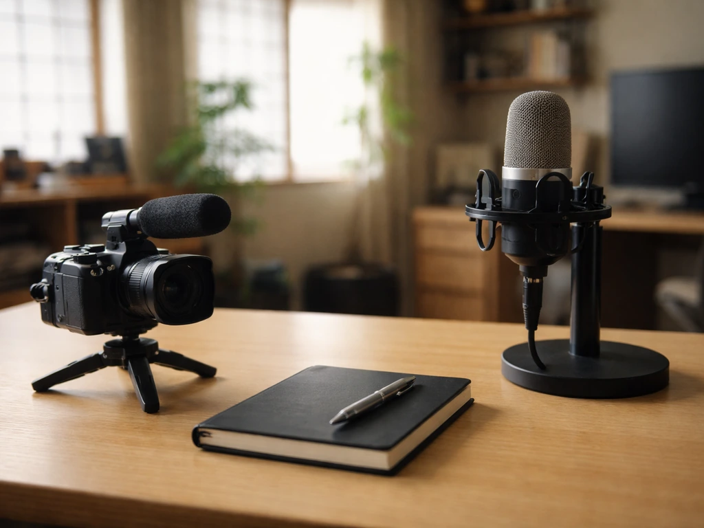 Minimal desk scene with a camera and microphone, suggesting media earnings comparison without showing any person.