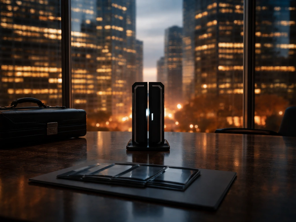 Luxury desk with a futuristic duel-tech device silhouette and briefcase in a glass corporate office at dusk.