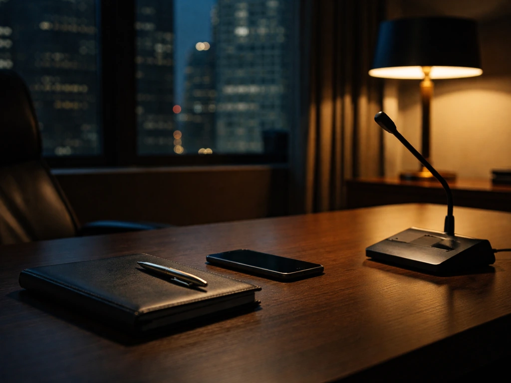 Minimal office scene with luxury desk items, hinting at executive wealth and corporate media presence