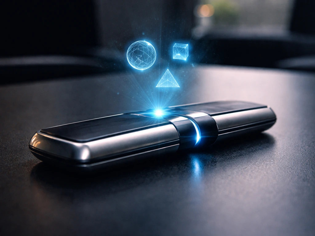 Close-up of a futuristic duel disk projecting blue holographic light shapes in a minimal room.