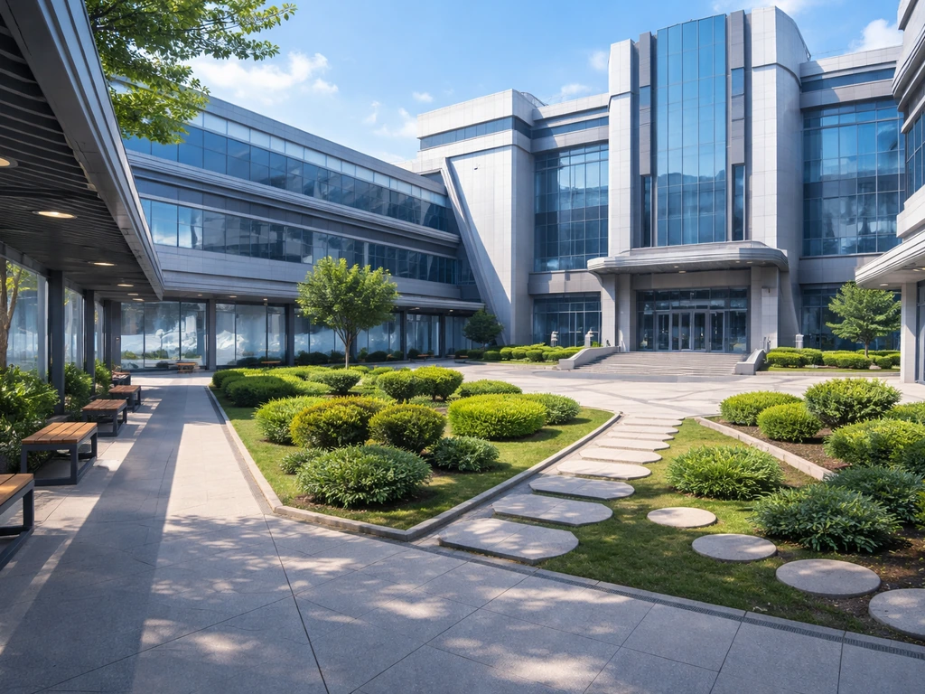Minimal futuristic school courtyard with glass buildings and covered walkway, empty and well-kept.