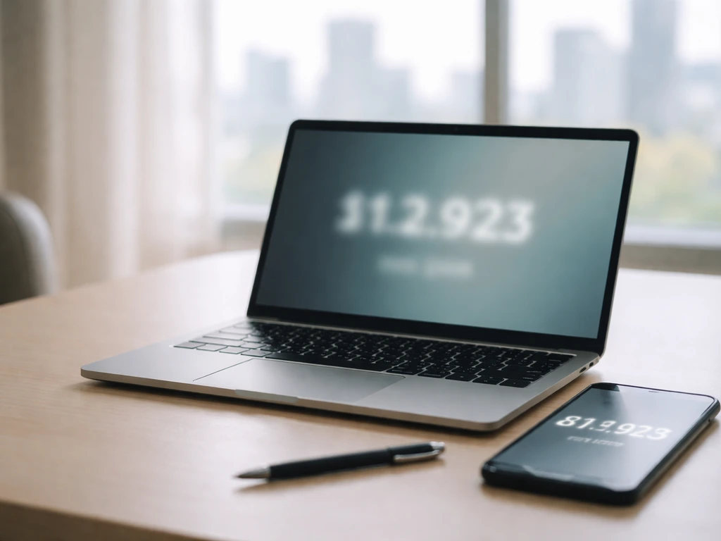 Anonymous home office desk with a laptop and smartphone showing conflicting finance numbers, no readable text.