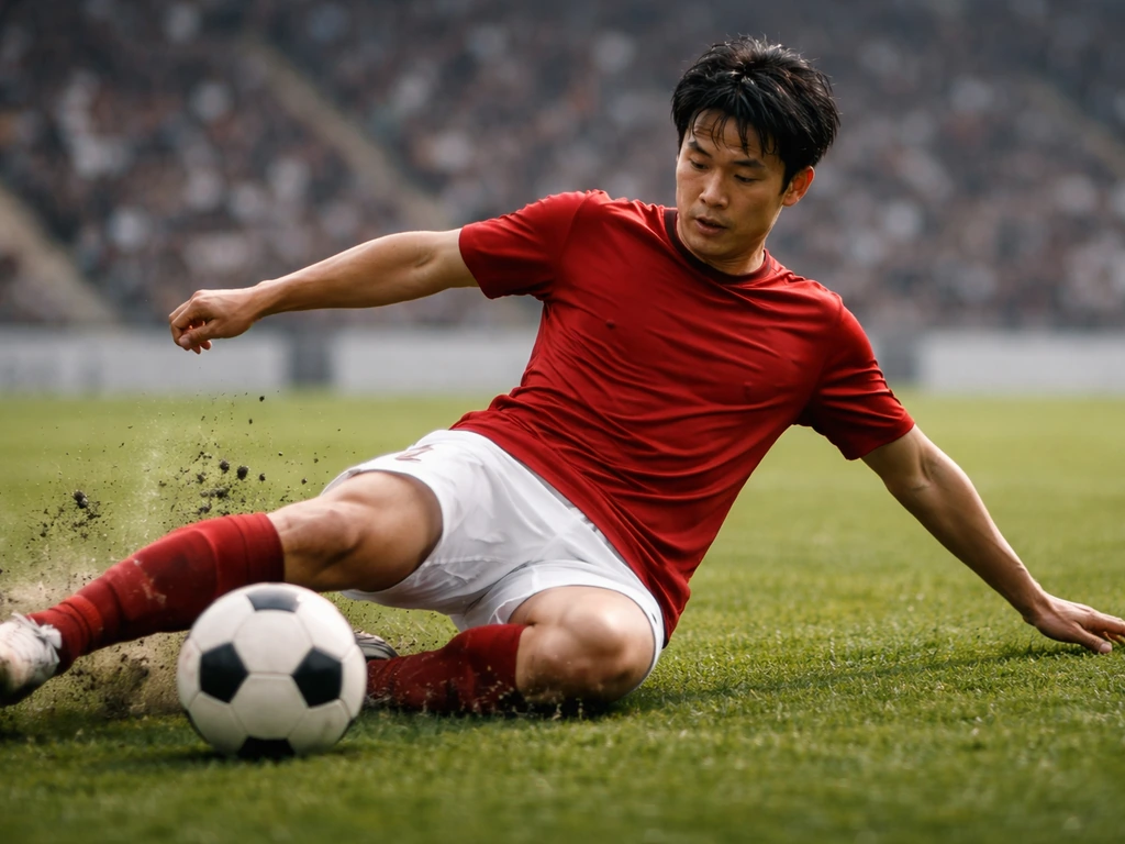 Anonymous footballer in red kit sliding to tackle a soccer ball on the pitch with a blurred stadium behind.