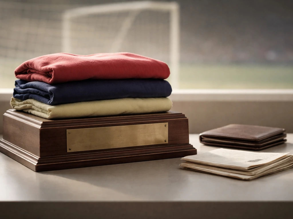 Folded vintage football jerseys and a wallet on a desk, symbolizing decades of football earnings.