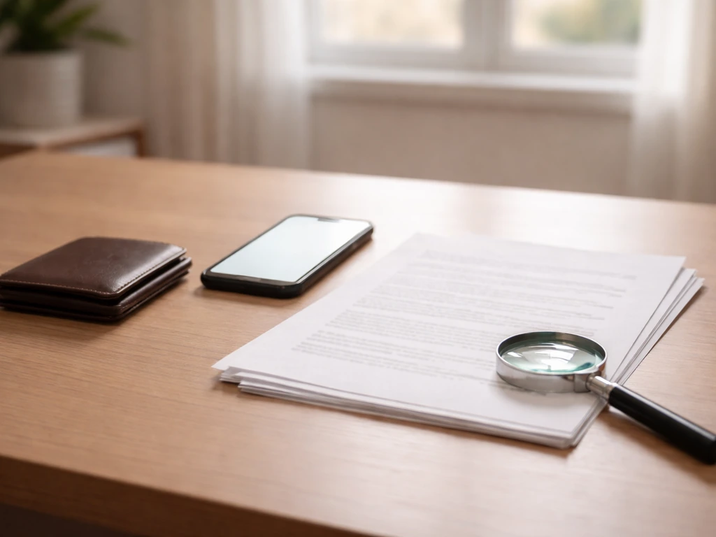 Minimal desk scene with wallet, blank phone screen, papers, and magnifying glass for estimating net worth.