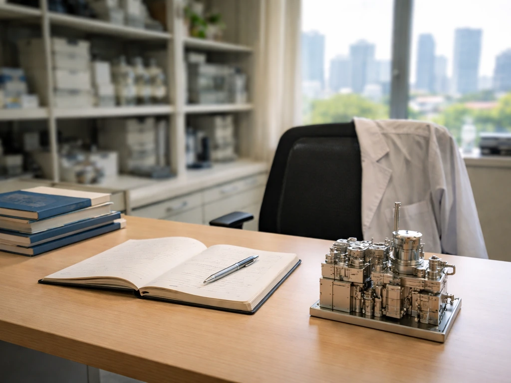 Anonymous research office desk with technical manuals and semiconductor equipment, suggesting an inventor’s work and lea