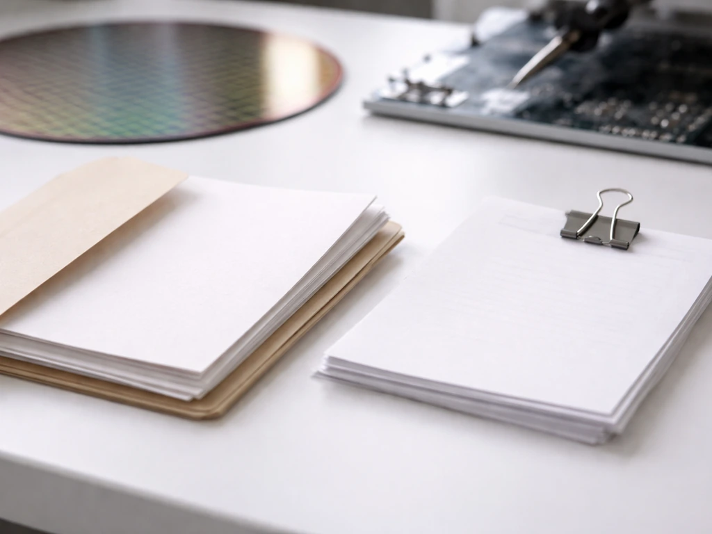 Close-up of unbranded patent/royalty paperwork next to a silicon wafer and semiconductor research tools.