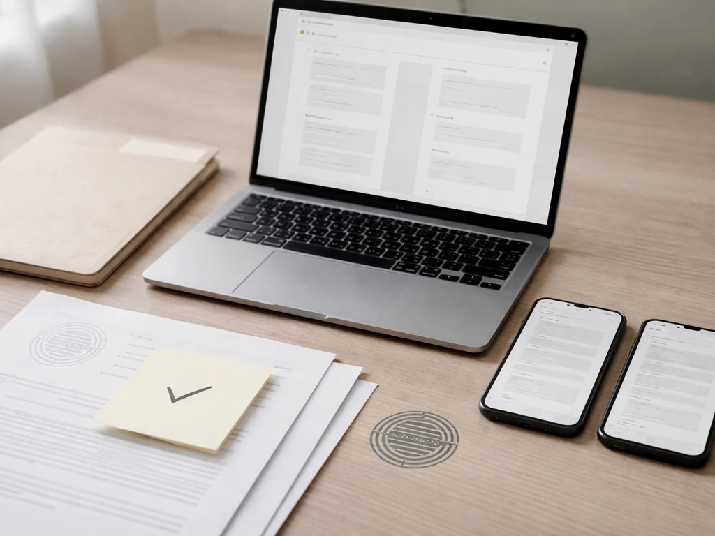 Minimal desk scene showing a verification workflow with generic official-page screens and a checkmark motif.