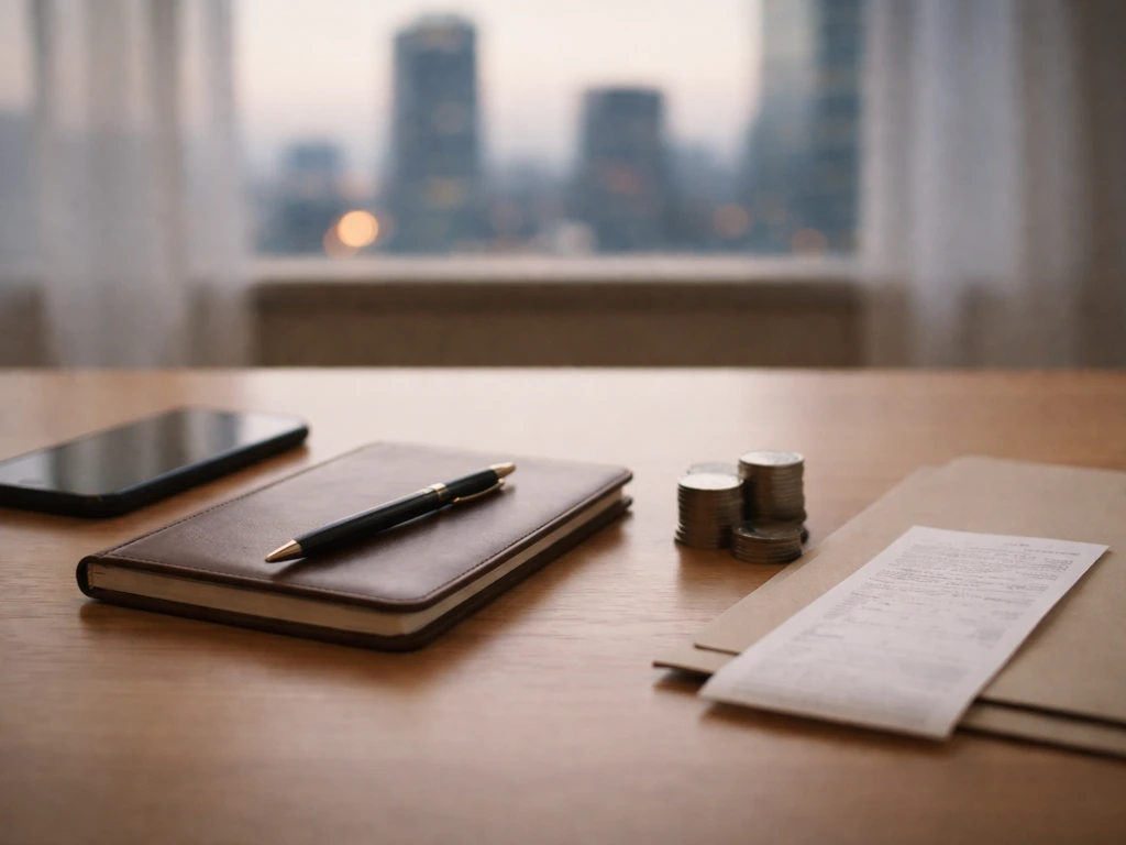 Minimal photo of a finance-related desk scene with a notebook, smartphone, and coins suggesting net worth data sources.