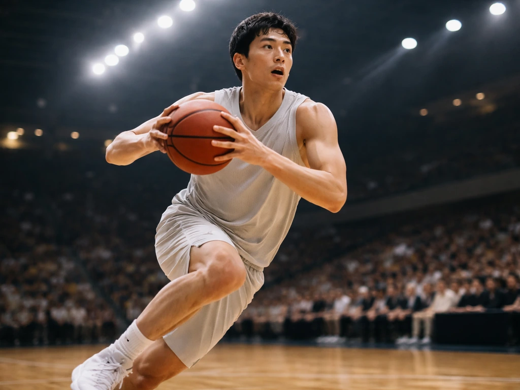 Yuta Watanabe in a basketball uniform driving to the basket during a game under arena lights