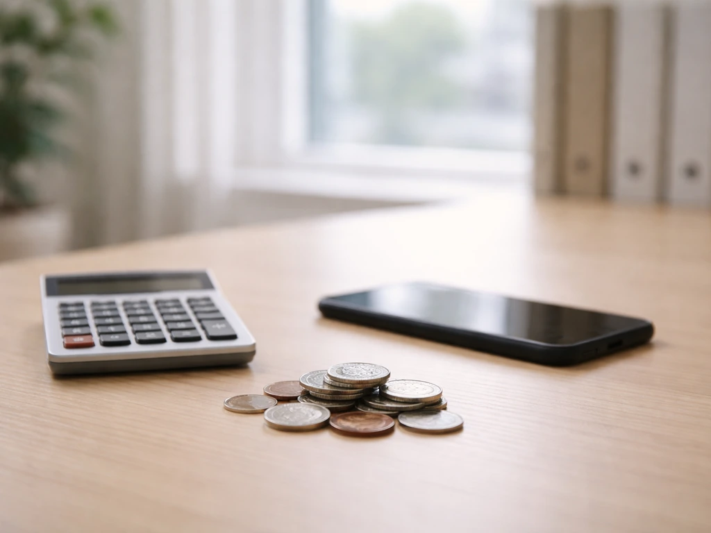 Minimal desk scene with a calculator and smartphone beside scattered coins, suggesting wealth breakdown