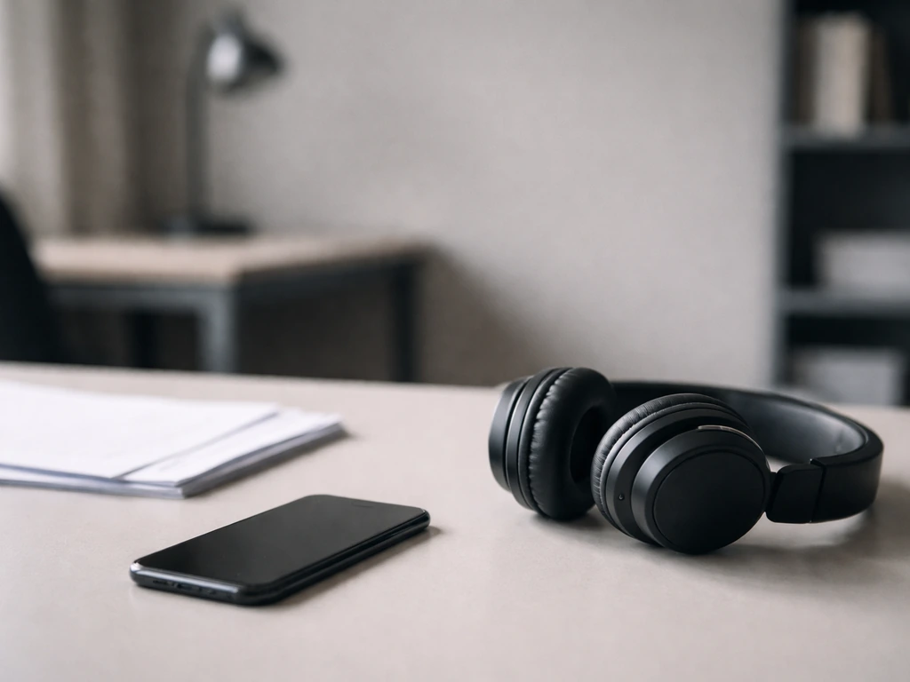 Minimal desk scene with a headset and smartphone, symbolizing confirming a specific public profile online.