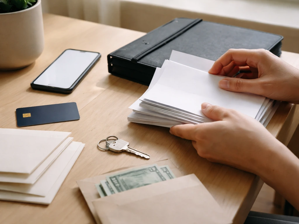 Minimal desk scene with documents, cash, cards, and keys suggesting building a net worth estimate.
