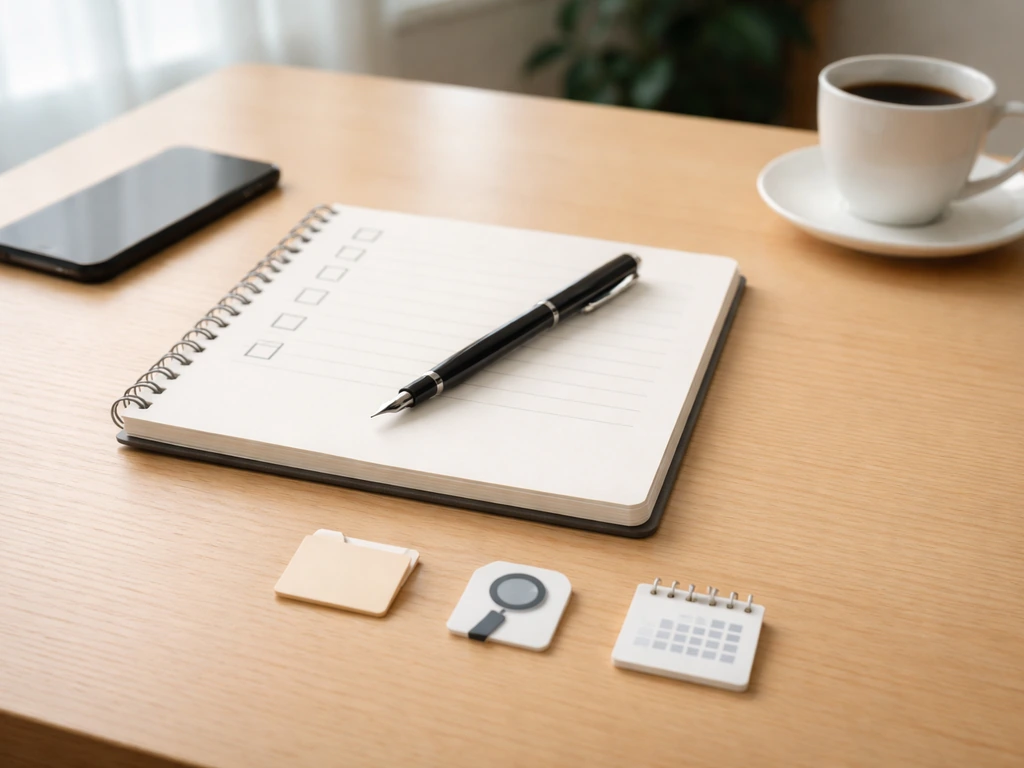 Minimal desk scene with magnifying glass, blank checklist page, and primary-document tokens for source trust.
