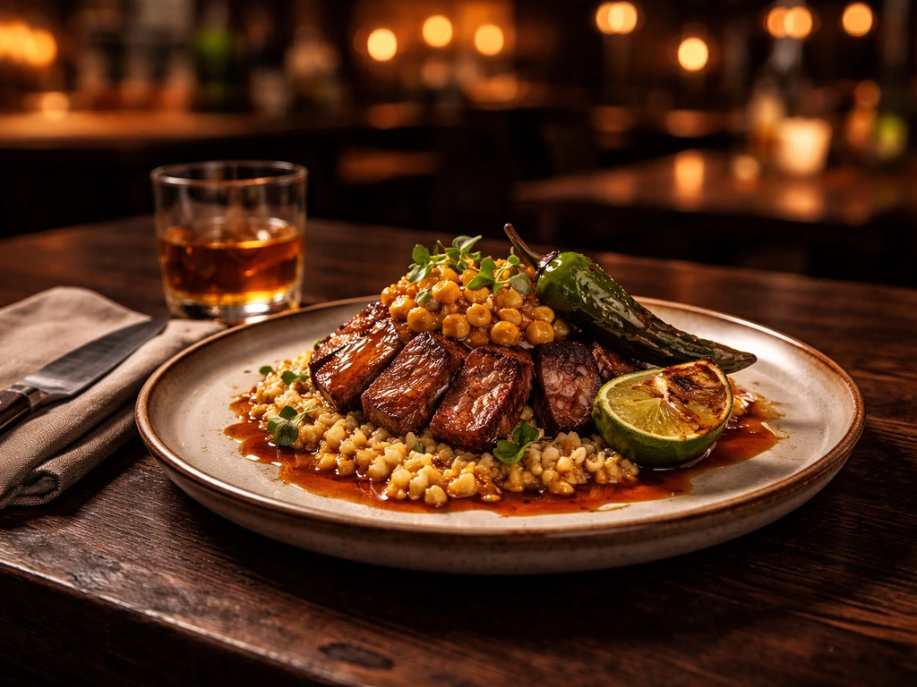 Warm restaurant table with a plated fusion dish and chef tools, hinting at a chef-entrepreneur brand.