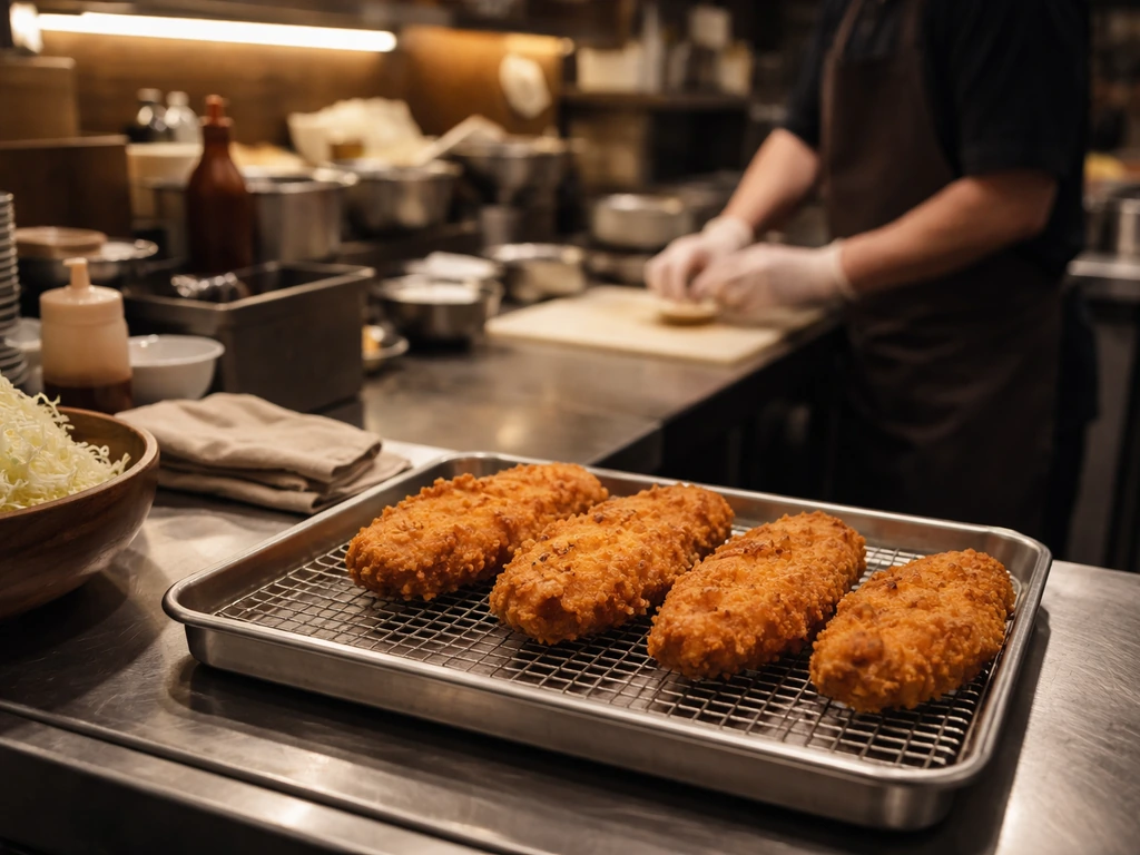 Anonymous chef’s hands in a Japanese kitchen with katsu ingredients on a steel prep table.