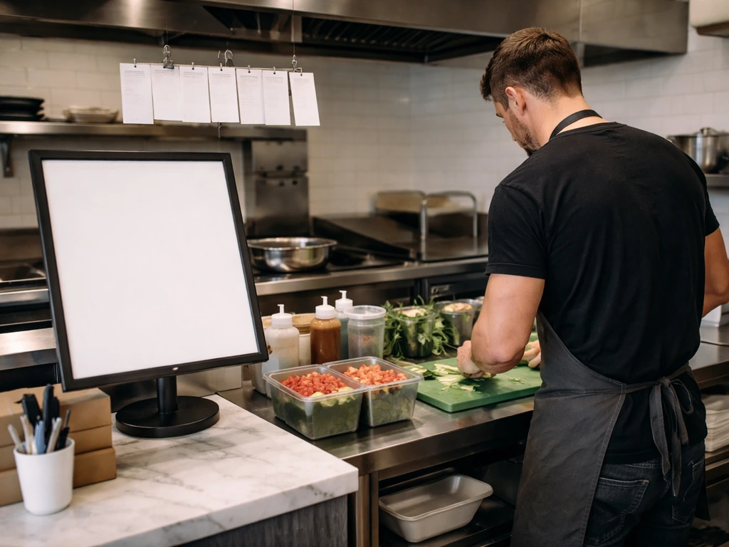 Chef preparing a meal in a quiet restaurant kitchen with prep station tools and warm lighting