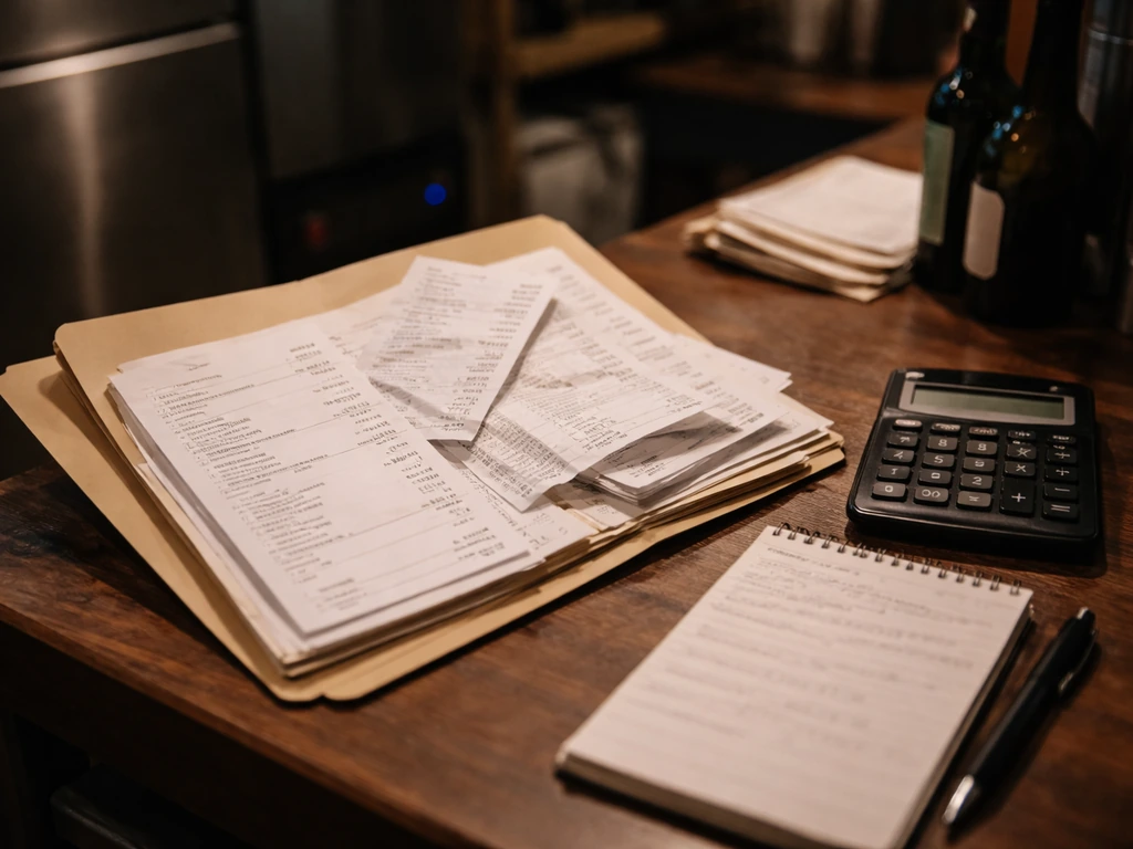 Open invoice and expense paperwork on a wooden desk with calculator, suggesting restaurant costs and liabilities.