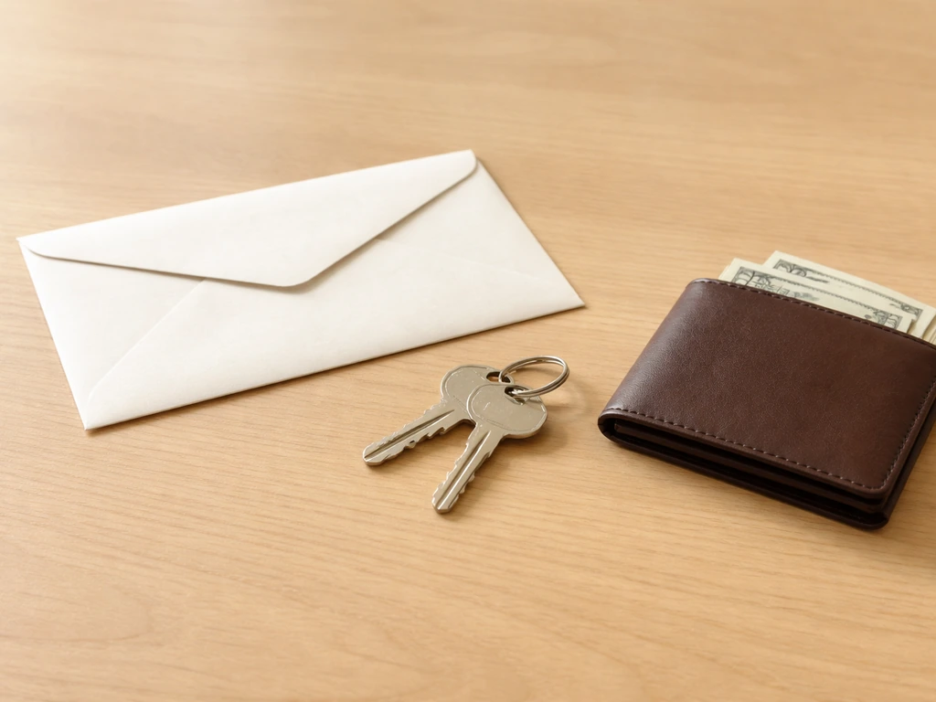 Minimal photo of a home key and a folded mortgage document beside a wallet and cash, symbolizing assets minus liabilitie