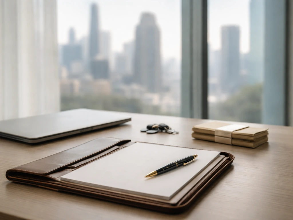 Minimal desk with laptop and currency envelopes beside a window with a blurred city skyline.