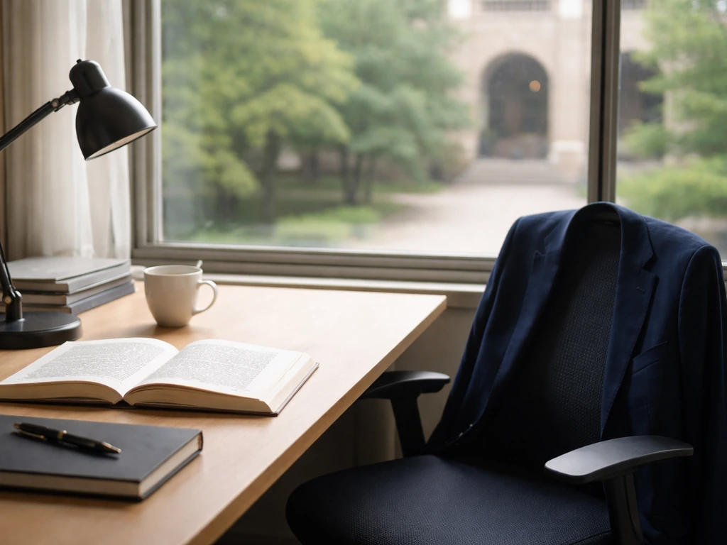 Quiet office scene with a University of Tokyo–style campus backdrop and academic desk essentials