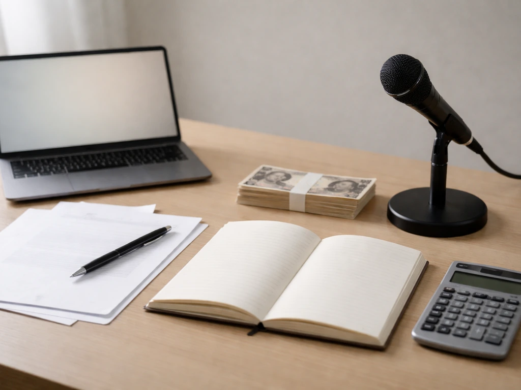 Minimal desk scene showing academic money-and-media estimation components: laptop, notebook, calculator, and cash