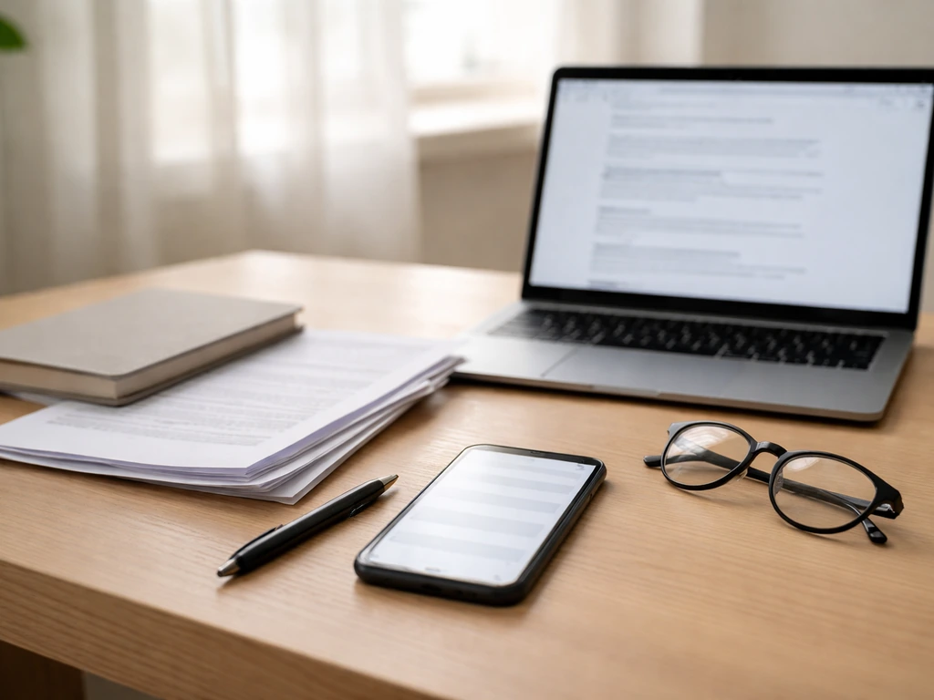 Lone desk with laptop open to document search, papers, and a smartphone showing blank search suggestions