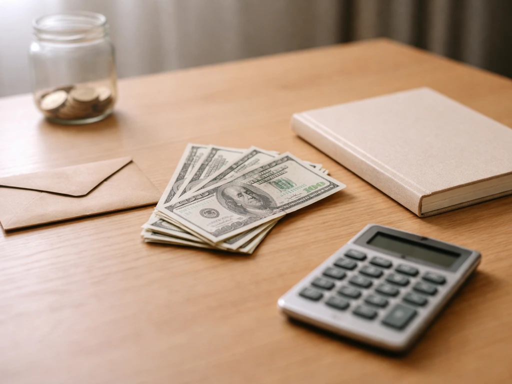 Minimal photo of a desk with scattered cash and a small envelope, symbolizing a net-worth estimate range.