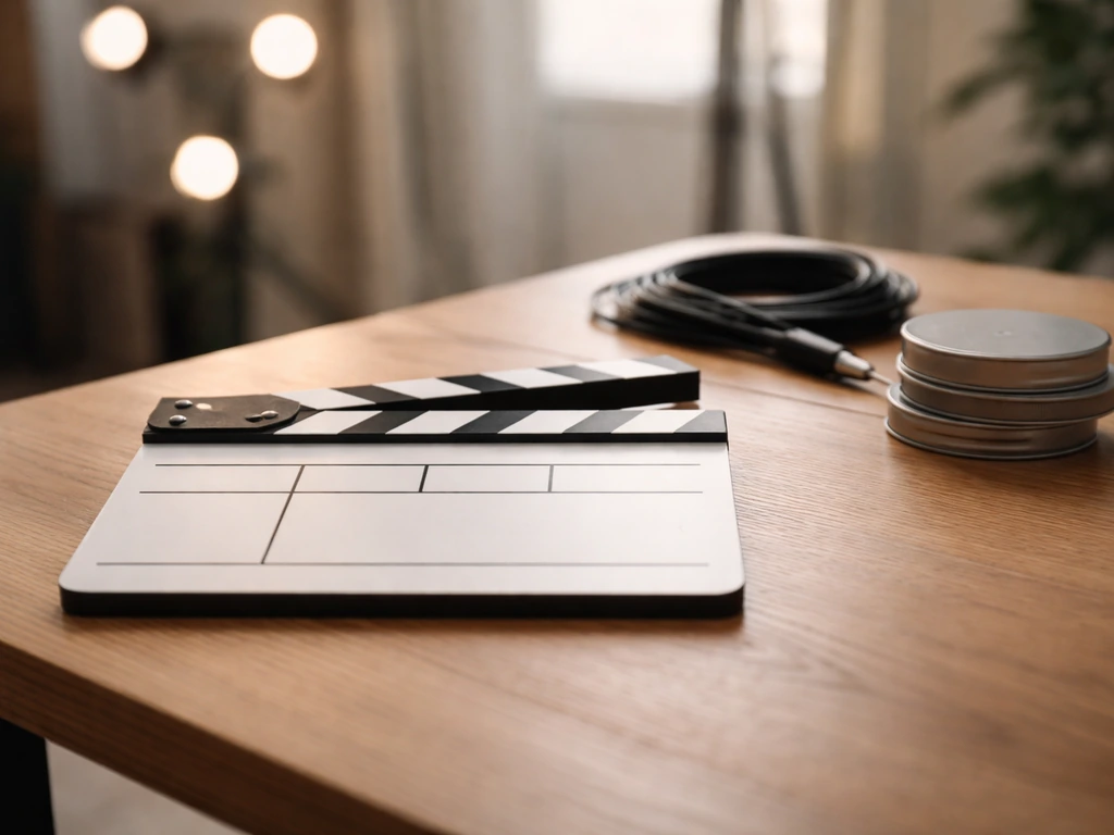Minimal desk scene with a closed clapperboard and film-style slate near studio lights, suggesting TV and film fees.