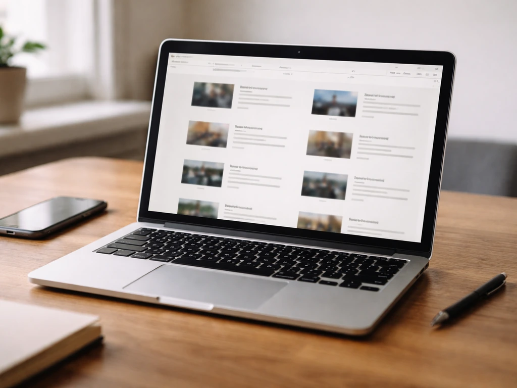 Close-up of a laptop screen showing a generic website projects list, with a phone and pen nearby.