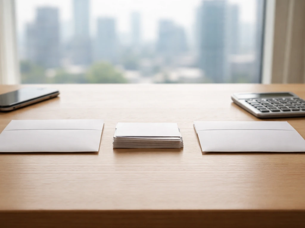 Minimal desk scene with two competing money-related items suggesting conflicting net worth estimates.