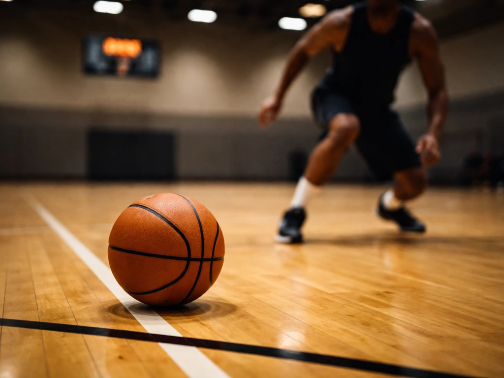 Basketball on a hardwood court with an out-of-focus scoreboard backdrop, evoking G League and earnings.
