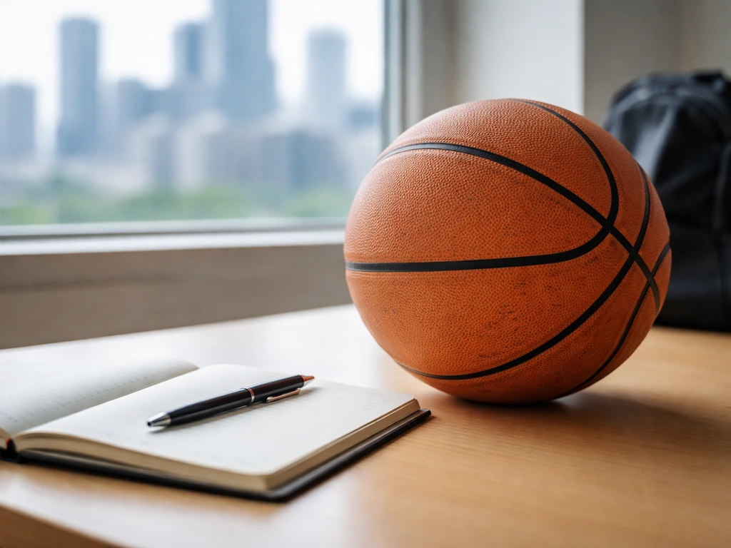 Minimal photo of a basketball resting near a notebook and pen beside a blurred city skyline, suggesting verifying update