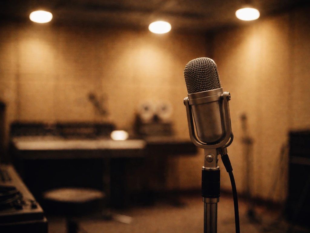 Vintage recording studio scene with an old microphone, blurred lights, and music-era atmosphere.