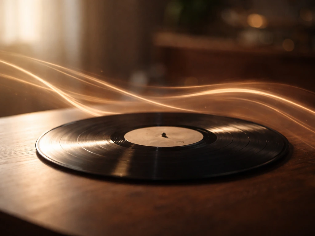 Minimal photo of a vinyl record with light trails suggesting royalty streams over time