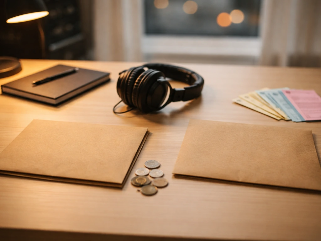 Minimal studio desk with two unlabeled folders and coins, symbolizing different music rights revenue paths.