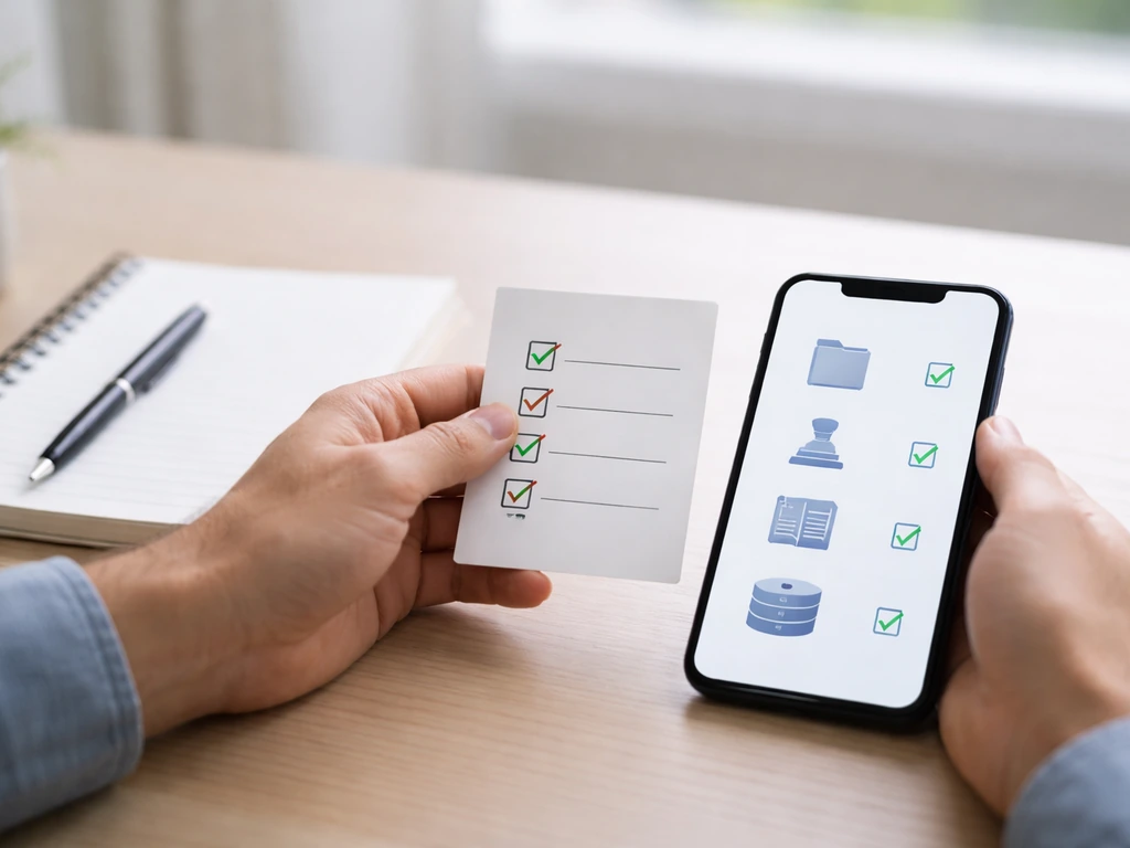 Minimal office desk with a notebook and smartphone showing verification steps with credible-source icons