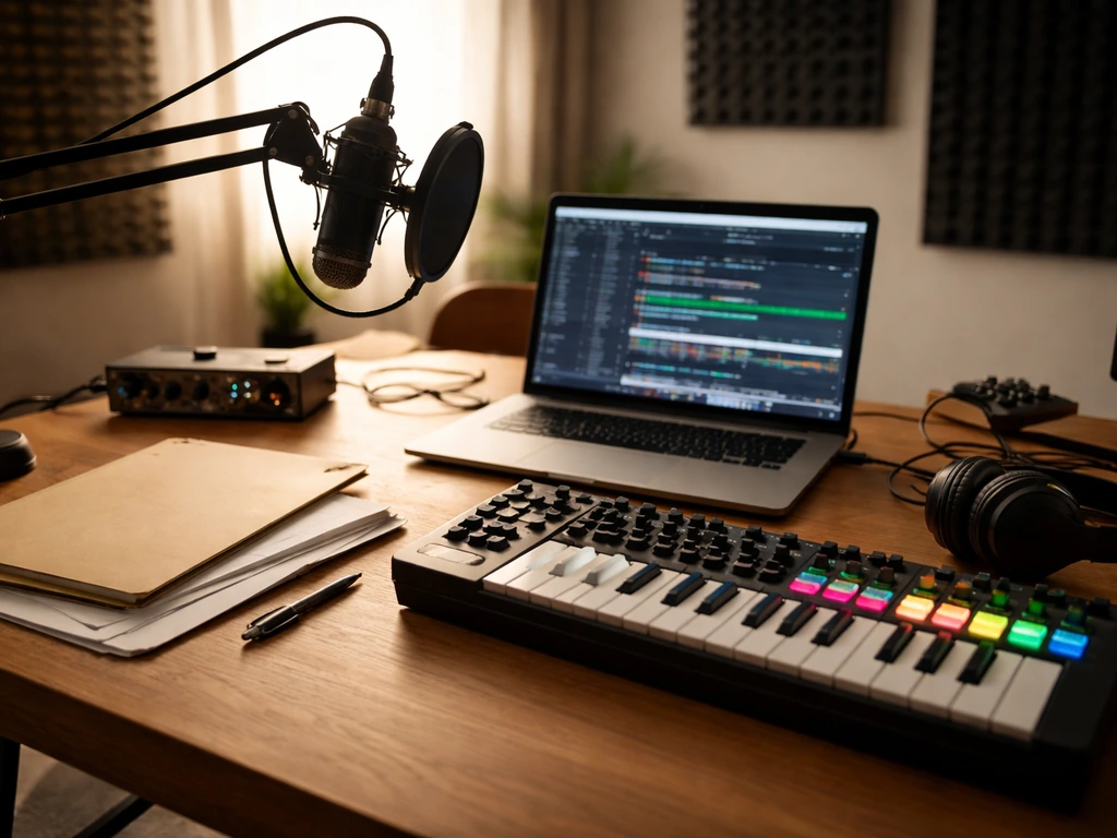 Minimal home studio desk with microphone, audio interface, and MIDI controller beside blank reference sheets.