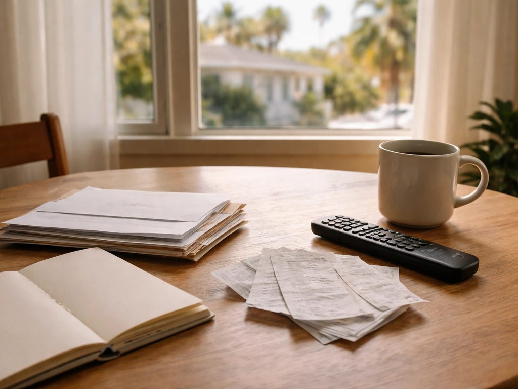 Minimal Los Angeles household scene with rent envelope, blank planner, receipts, and remote on a table.
