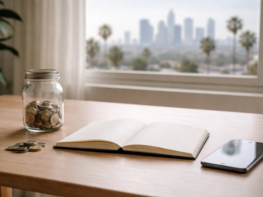 Minimal office desk with scattered coins and a smartphone, suggesting estimated net worth ranges.